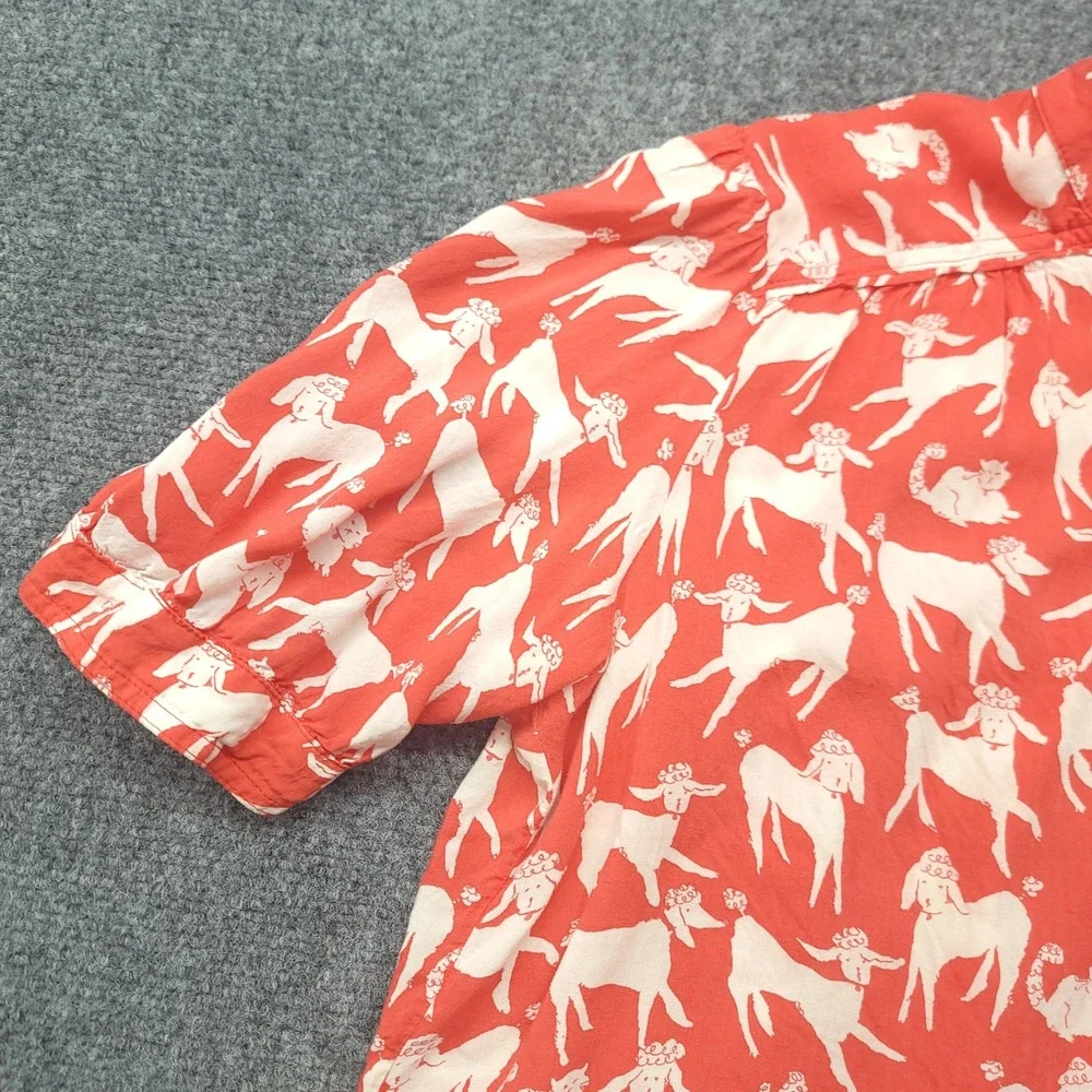 Anthropologie Emily Isabella Poodle Print Blouse Red White Short Sleeve M
